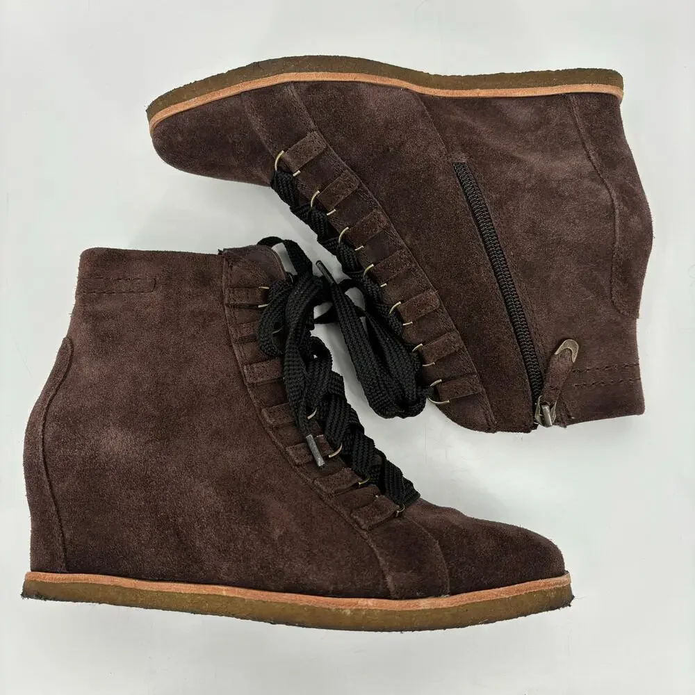 Earth‎ Ankle Boot Size 7.5 Kalmar Hidden Wedge Chocolate Brown Leather Side Zip